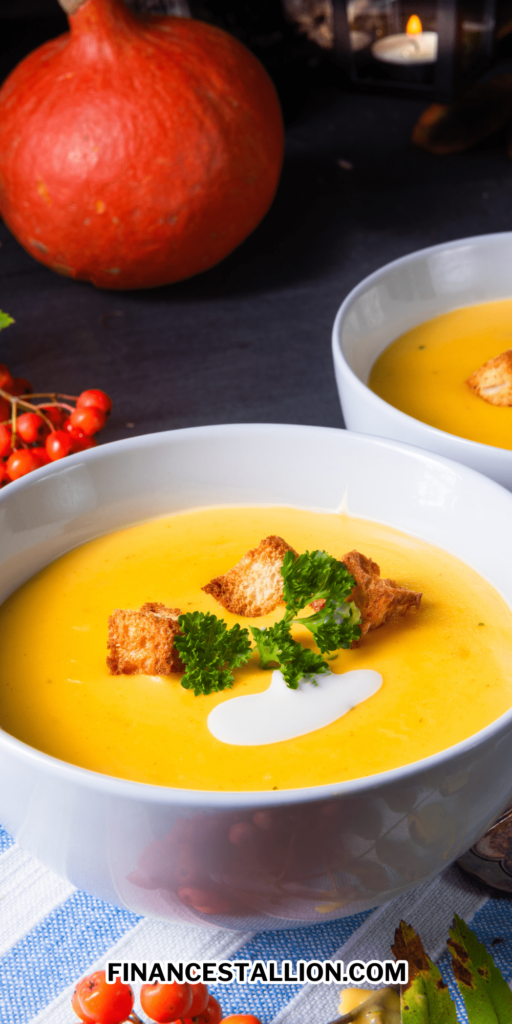 Delicious pumpkin soup with croutons and coconut milk