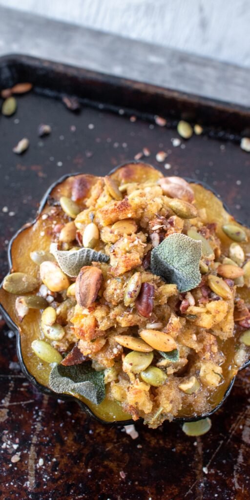 easy roasted stuffed acorn squash with nuts perfect for fall and thanksgiving dinner