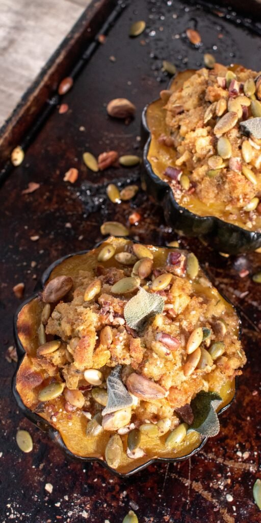 easy roasted stuffed acorn squash with nuts perfect for fall and thanksgiving dinner