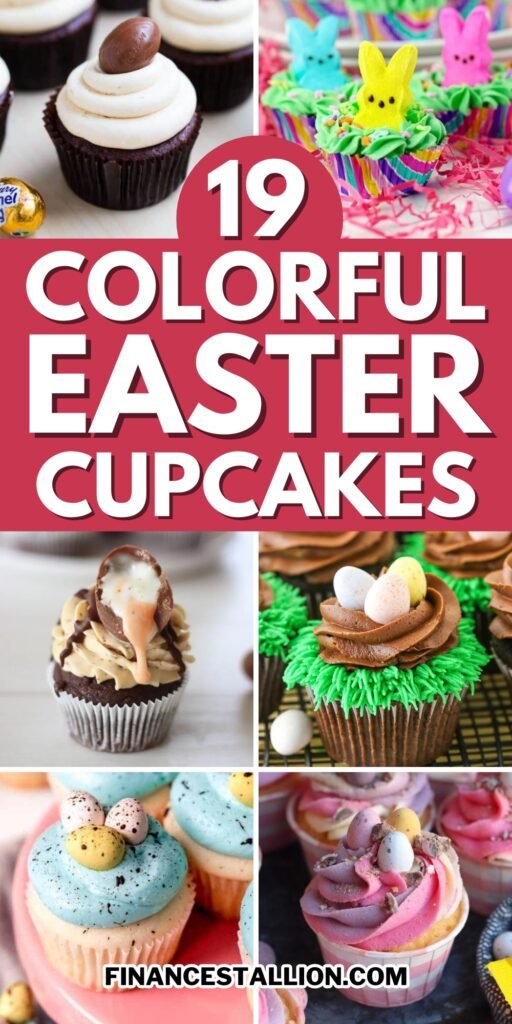 A colorful array of Easter cupcakes with bunny, carrot, and chocolate decorations, perfect for Easter dessert ideas.