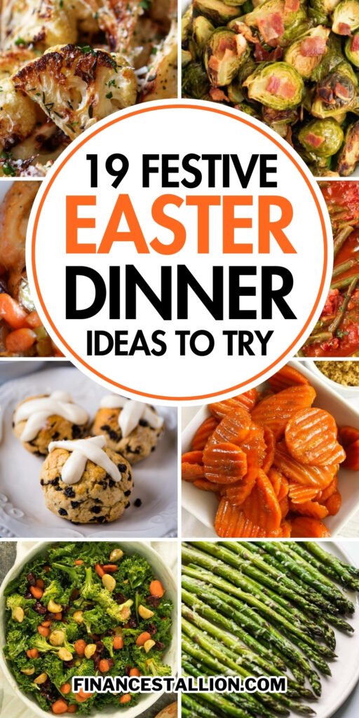 A vibrant Easter dinner table setting showcasing a variety of dishes, including a glazed Easter ham, colorful Easter dinner sides, and creative Easter dessert ideas, perfect for inspiring your Easter menu.