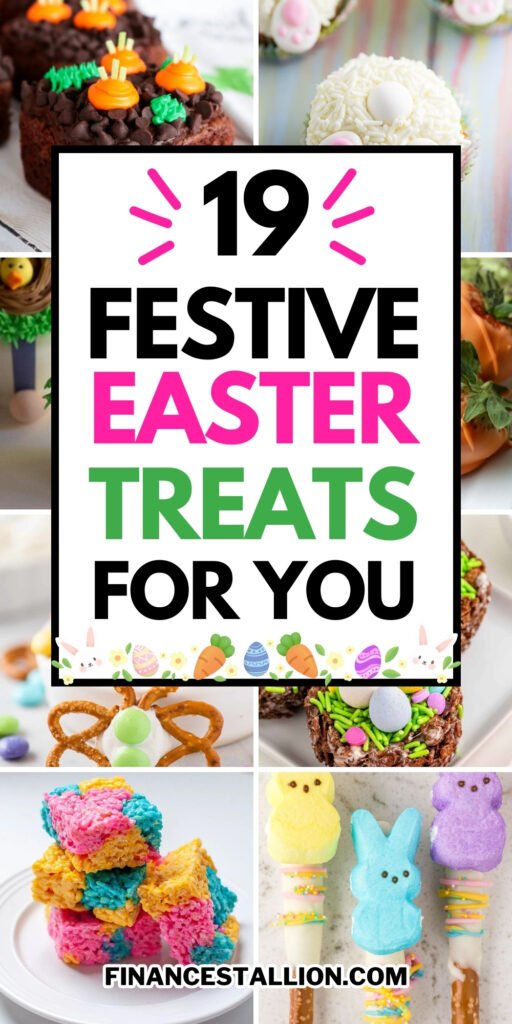 A colorful display of homemade Easter treats, including Easter rice krispie treats, Easter eggs, and Easter cookies, perfect for kids and adults.
