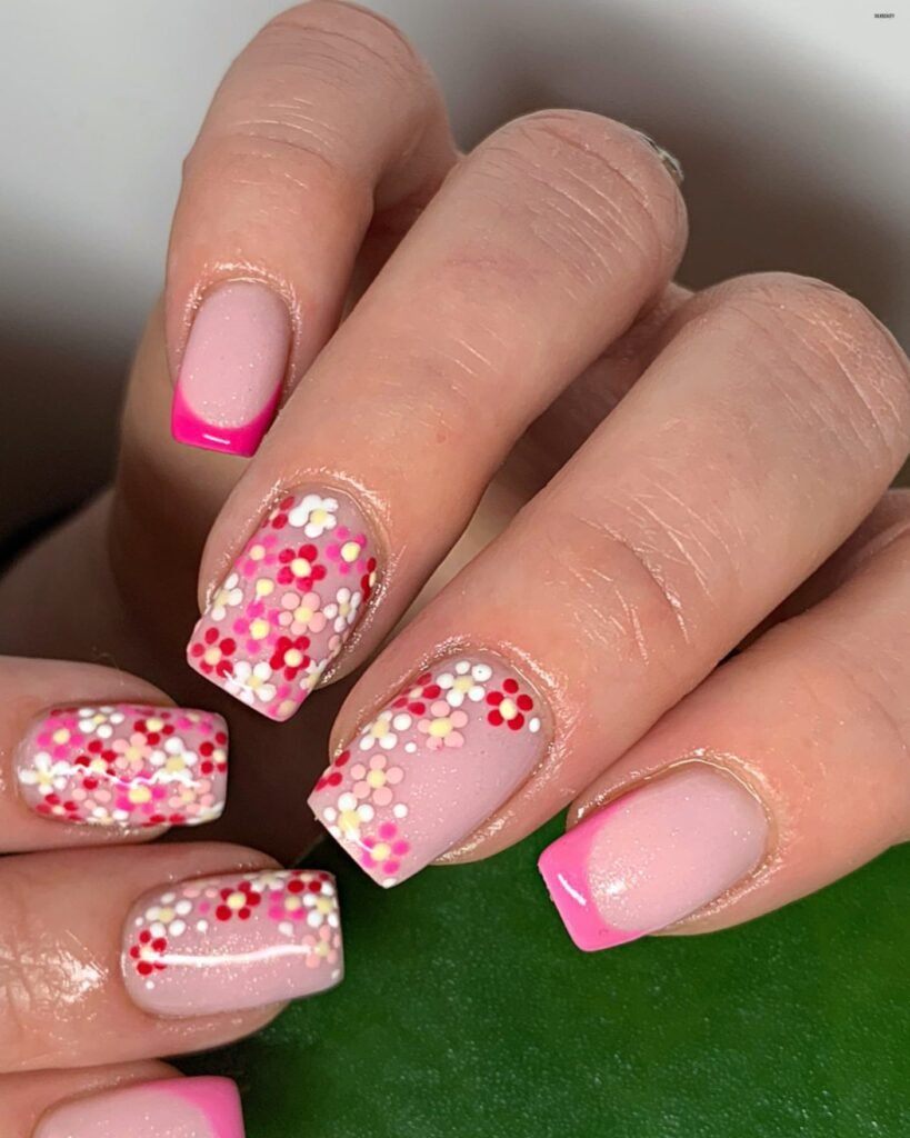 Assorted flower nails designs including pink flower nails, blue flower nails, and cute spring and summer nails with floral accents.