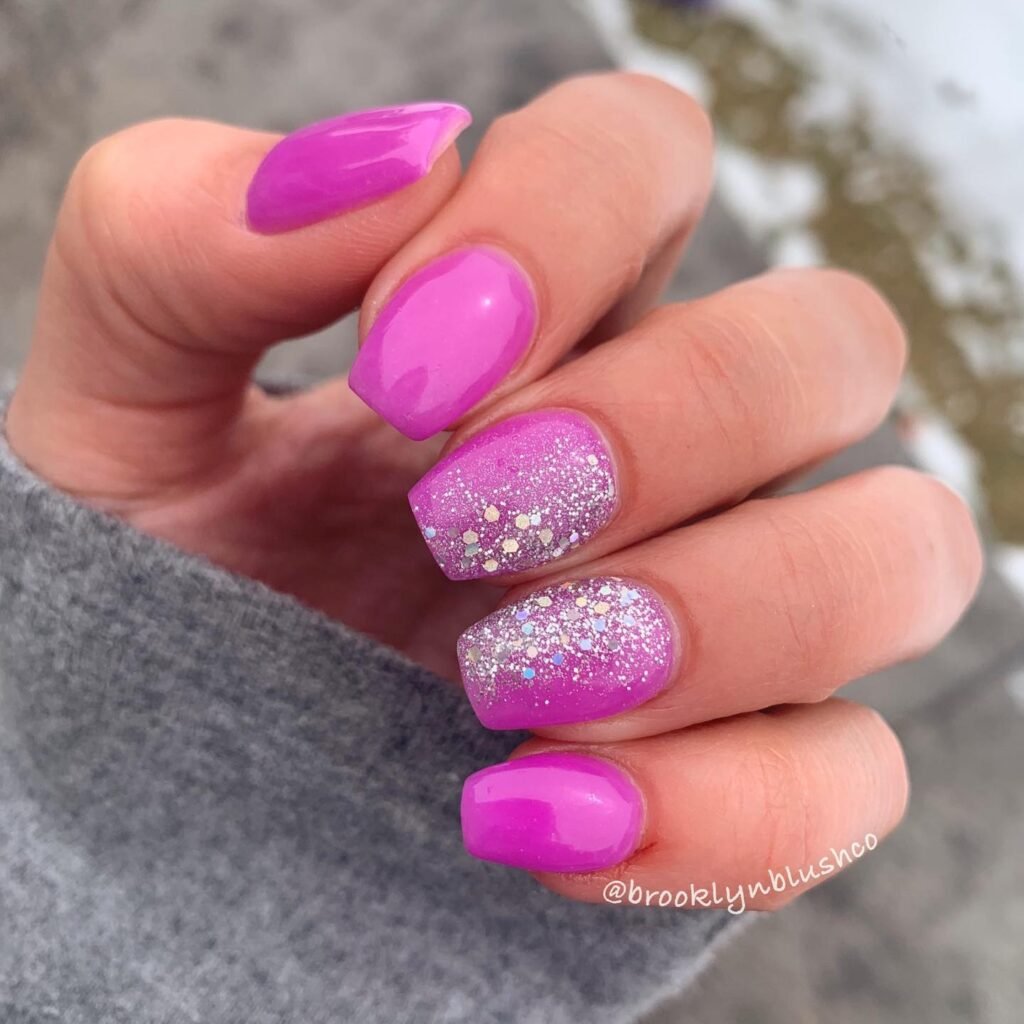 Stylish purple ombre nails with intricate purple nail art designs featuring light purple chrome accents and elegant purple French tips, perfect for both casual and formal looks