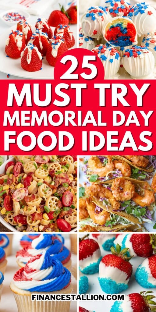 Festive Memorial Day food ideas featuring BBQ recipes, summer salads, and patriotic desserts on a decorated table.