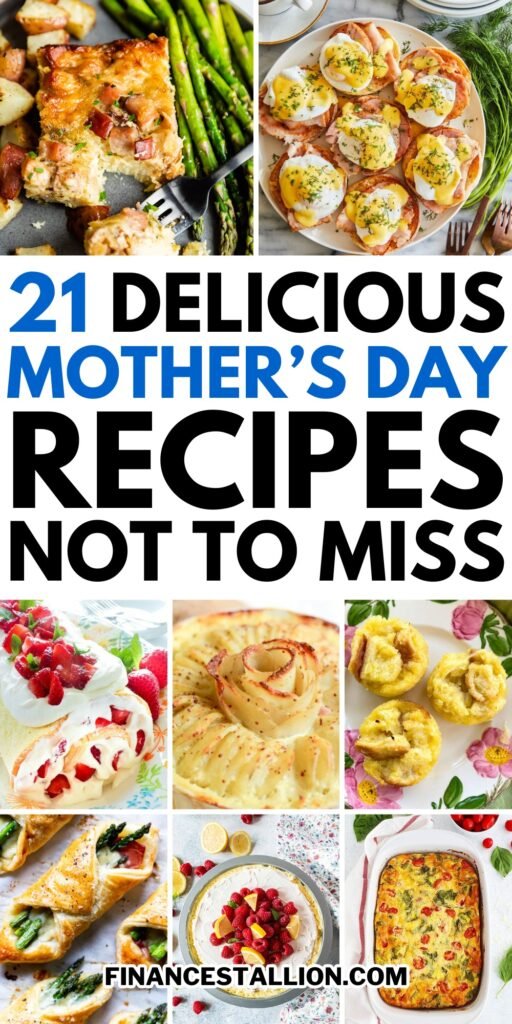 A beautifully set table for Mother's Day with a variety of dishes from brunch to appetizers and dinner to dessert, celebrating with homemade Mothers Day recipes.