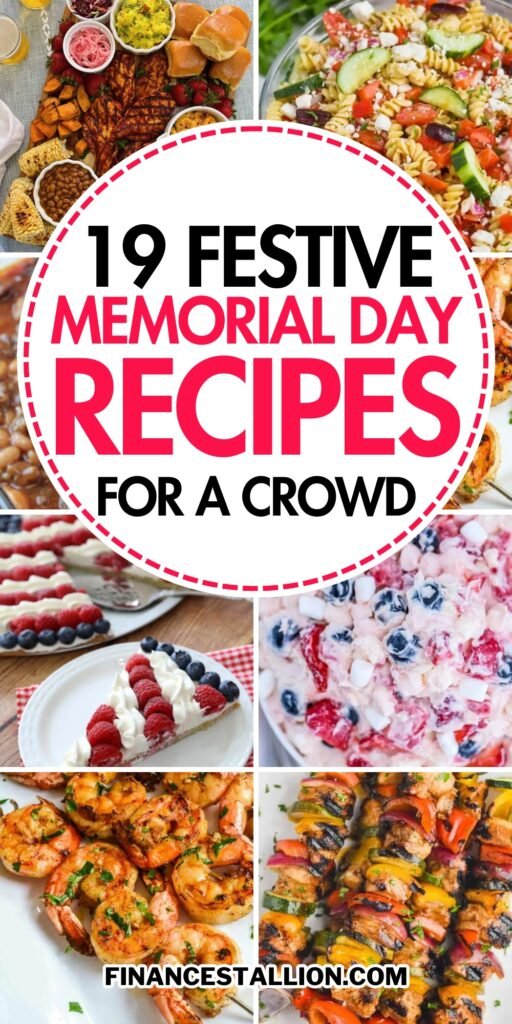Delicious spread of Memorial Day recipes featuring grilled meats, vibrant side dishes, and red, white, and blue desserts.