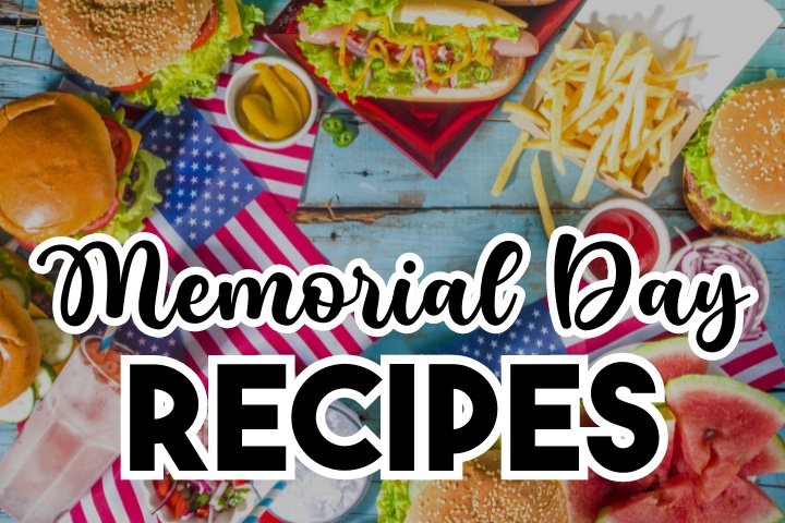 Delicious spread of Memorial Day recipes featuring grilled meats, vibrant side dishes, and red, white, and blue desserts.