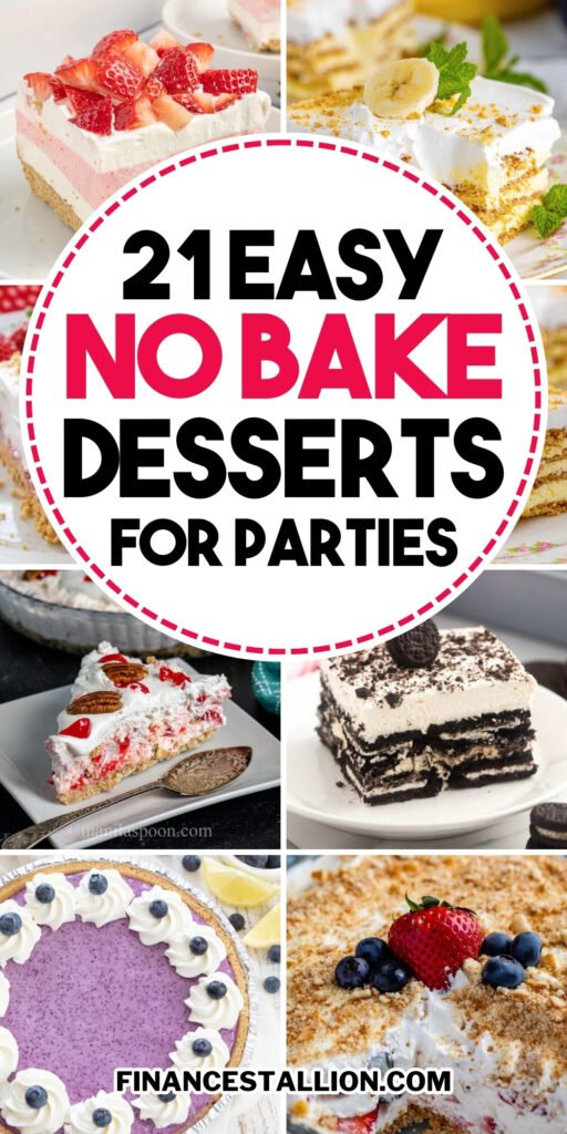 Assortment of no bake desserts, including easy summer desserts, quick and easy desserts no bake, no bake cheesecake with condensed milk, and light summer desserts.