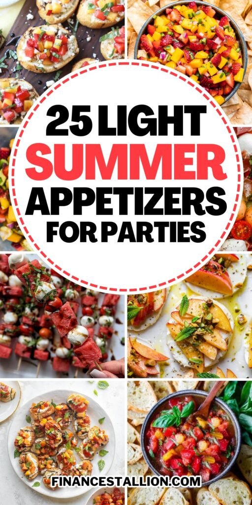 Assorted summer appetizers including cold dips, caprese skewers, mini grilled cheese, and smoked salmon, perfect for any summer dinner party or bbq.