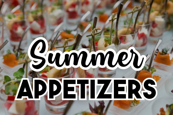 Array of summer appetizers on a table, including cold dips, fresh fruits, and light finger foods, ideal for a summer party.