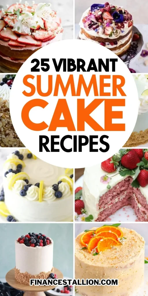 Tray of refreshing summer cakes featuring berry icebox cake, lemon summer cake, and strawberry summer cake with vibrant fruit toppings.