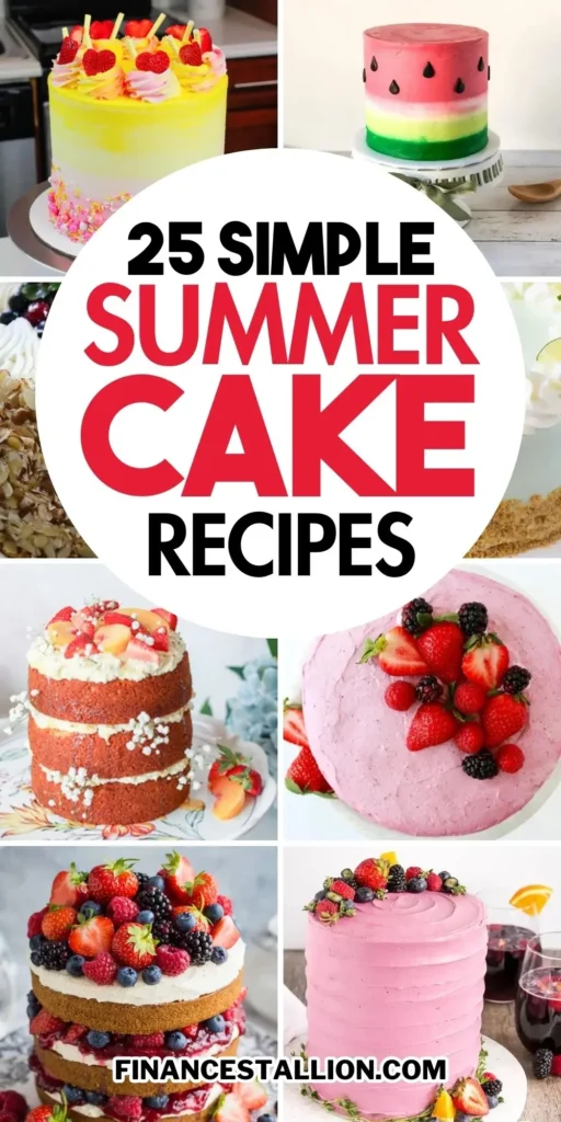 Tray of refreshing summer cakes featuring berry icebox cake, lemon summer cake, and strawberry summer cake with vibrant fruit toppings.