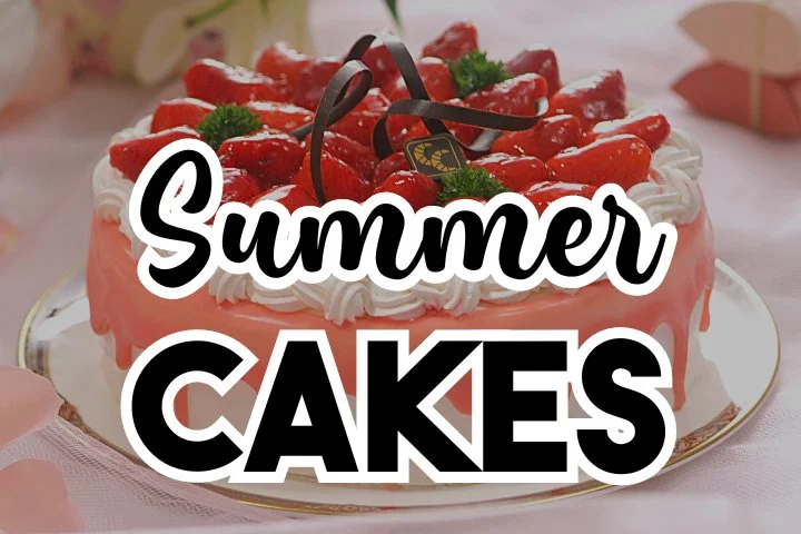Tray of refreshing summer cakes featuring berry icebox cake, lemon summer cake, and strawberry summer cake with vibrant fruit toppings.