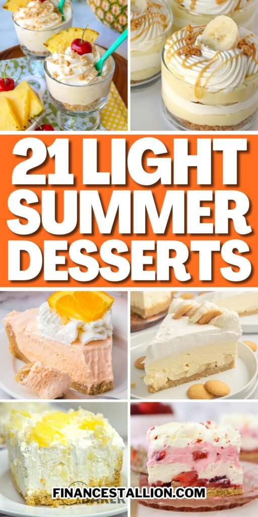 Assortment of summer desserts on a picnic table, featuring fruit tarts, no-bake treats, and light, refreshing sweets under a sunny sky.
