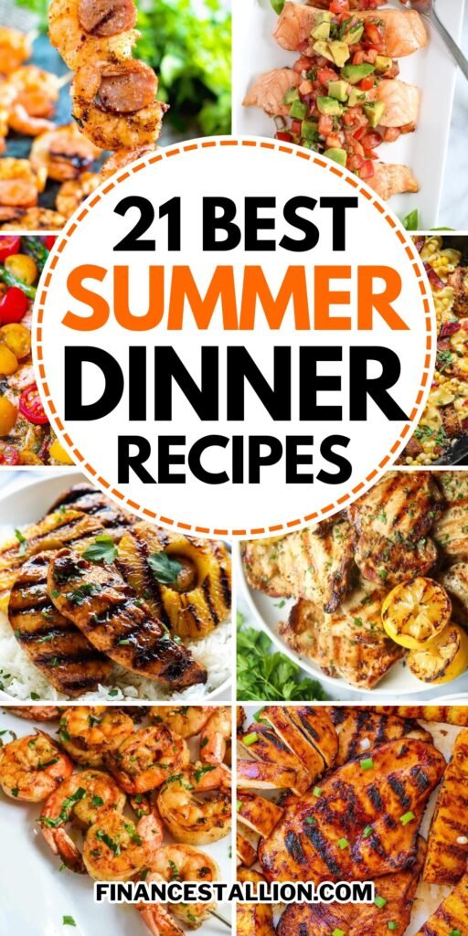 A vibrant table setting showcasing summer dinner recipes, with a focus on healthy summer dinners like grilled vegetables, fresh salads, and light pasta dishes for a warm evening.