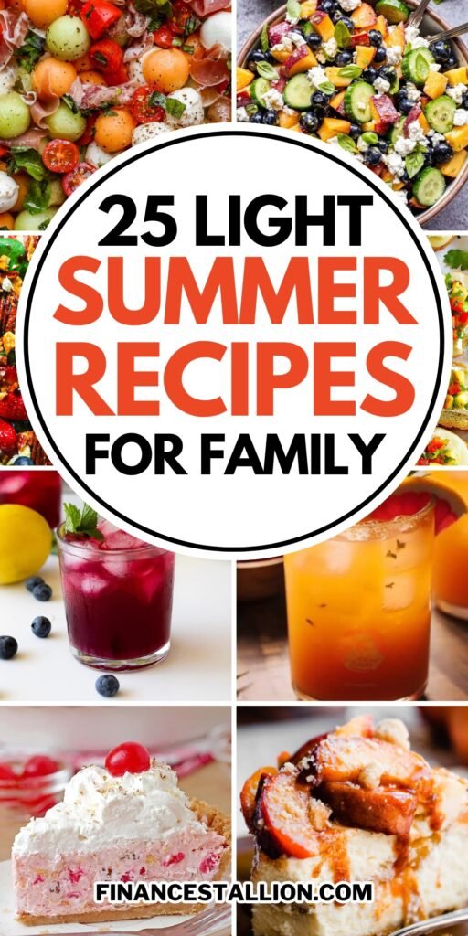 Colorful summer recipes including salads, grilled vegetables, and refreshing drinks.