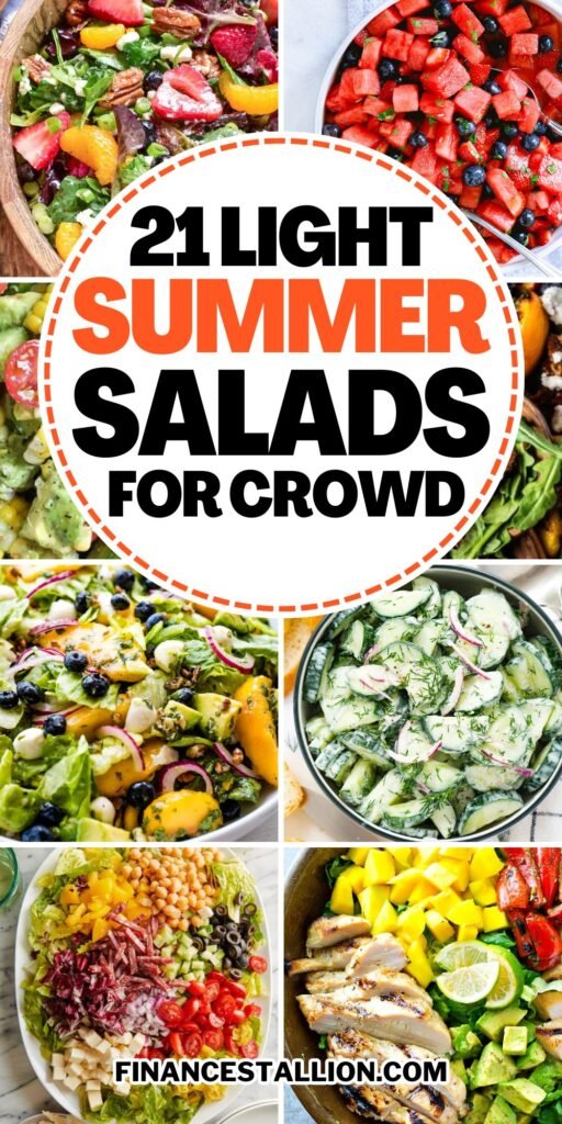 Variety of summer salads on a table, including summer pasta salad, summer fruit salad, and a leafy green summer salad with fresh strawberries.