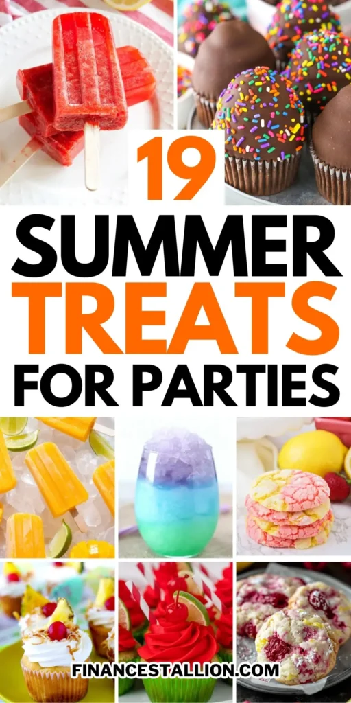 A variety of summer treats including strawberry pie, peach sorbet, and chocolate-covered strawberries beautifully arranged on a summer-themed table.