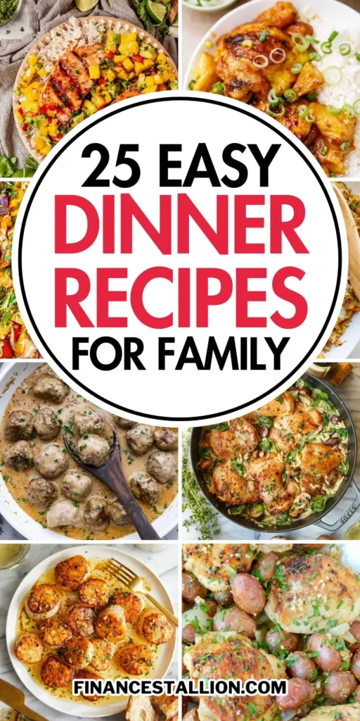 A variety of easy dinner recipes including chicken recipes, vegetarian meals, and quick weeknight dinners.