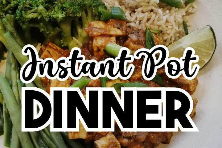 A variety of instant pot dinner recipes including instant pot chicken and rice, instant pot chili, and instant pot pulled pork served in bowls.
