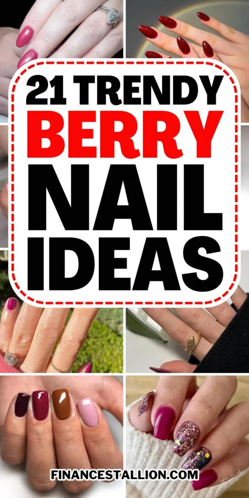 A stunning collection of berry nails featuring berry red nail polish, berry gel nails, and dark berry nail polish shades with a glossy finish. 