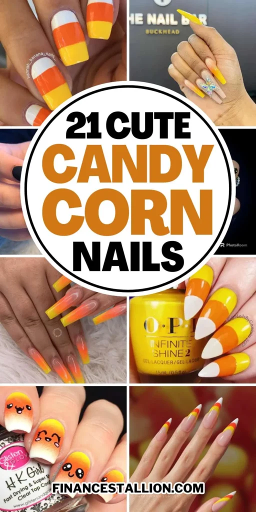 Close-up of candy corn nails with vibrant yellow, orange, and white stripes, perfect for Halloween.