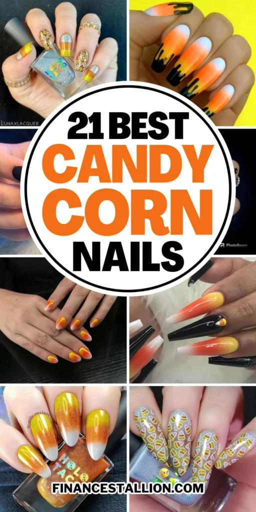 Close-up of candy corn nails with vibrant yellow, orange, and white stripes, perfect for Halloween.