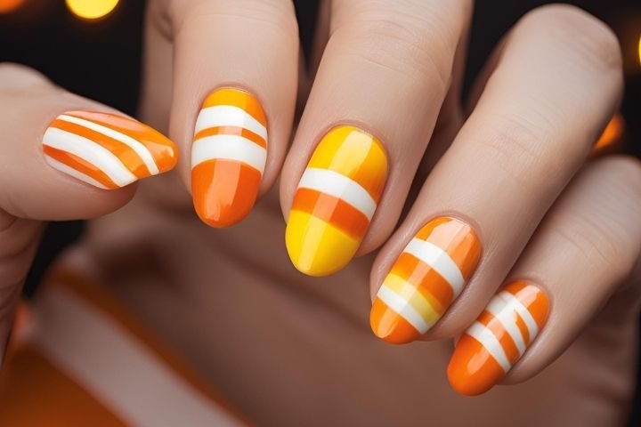 candy corn nails with vibrant yellow, orange, and white stripes, perfect for Halloween.