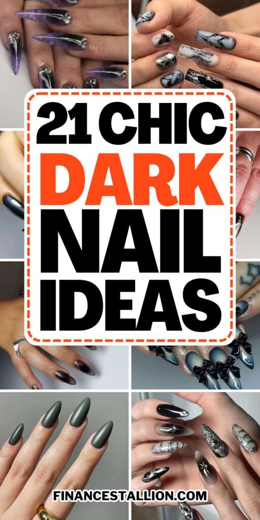 beautifully designed dark nails featuring black and burgundy fall nail designs with a glossy finish.