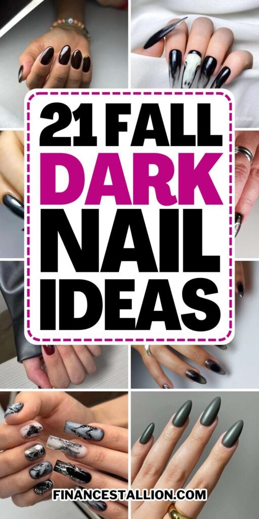 beautifully designed dark nails featuring black and burgundy fall nail designs with a glossy finish.