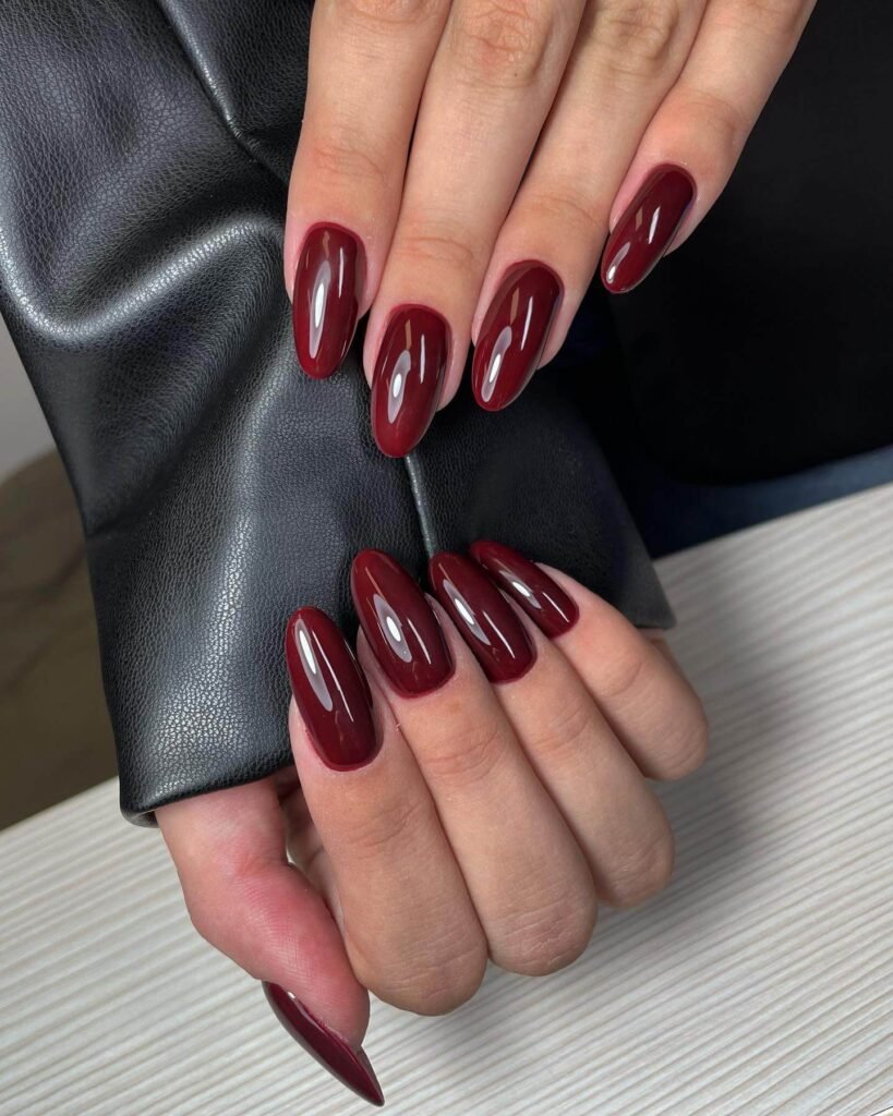 beautifully designed dark nails featuring black and burgundy fall nail designs with a glossy finish.