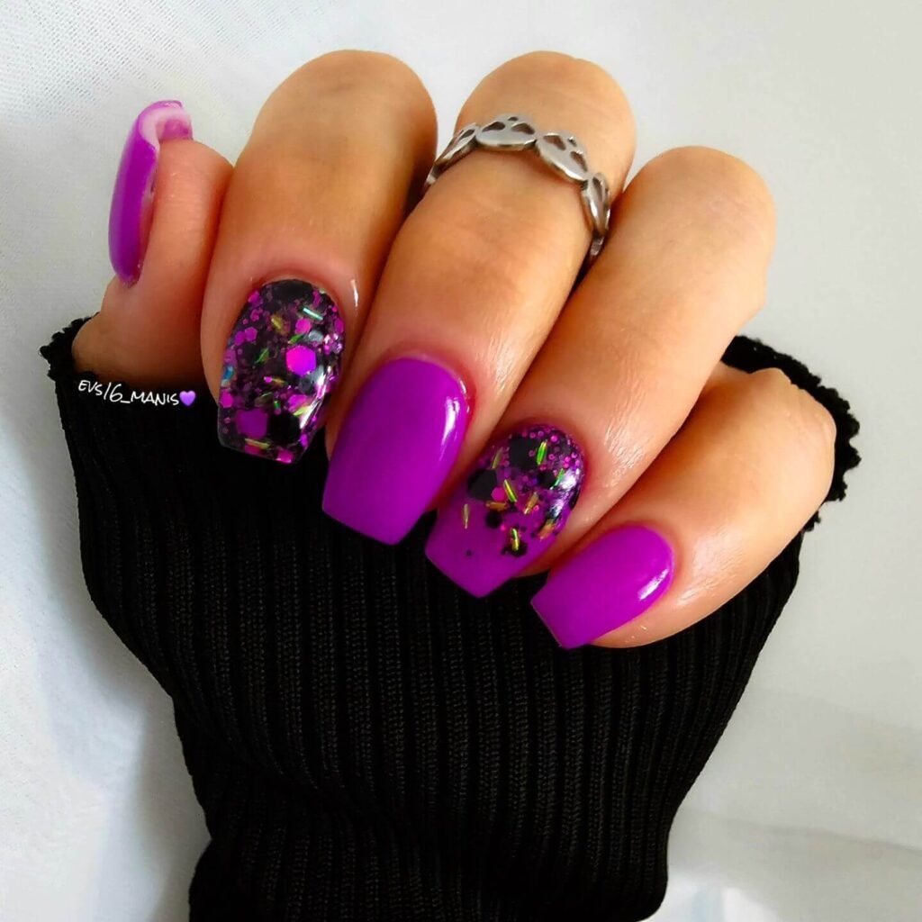 elegant dark purple nails with chrome accents and French tips, perfect for autumn manicure ideas