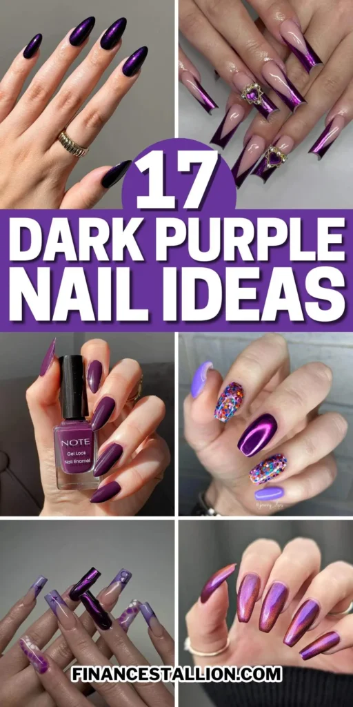 elegant dark purple nails with chrome accents and French tips, perfect for autumn manicure ideas