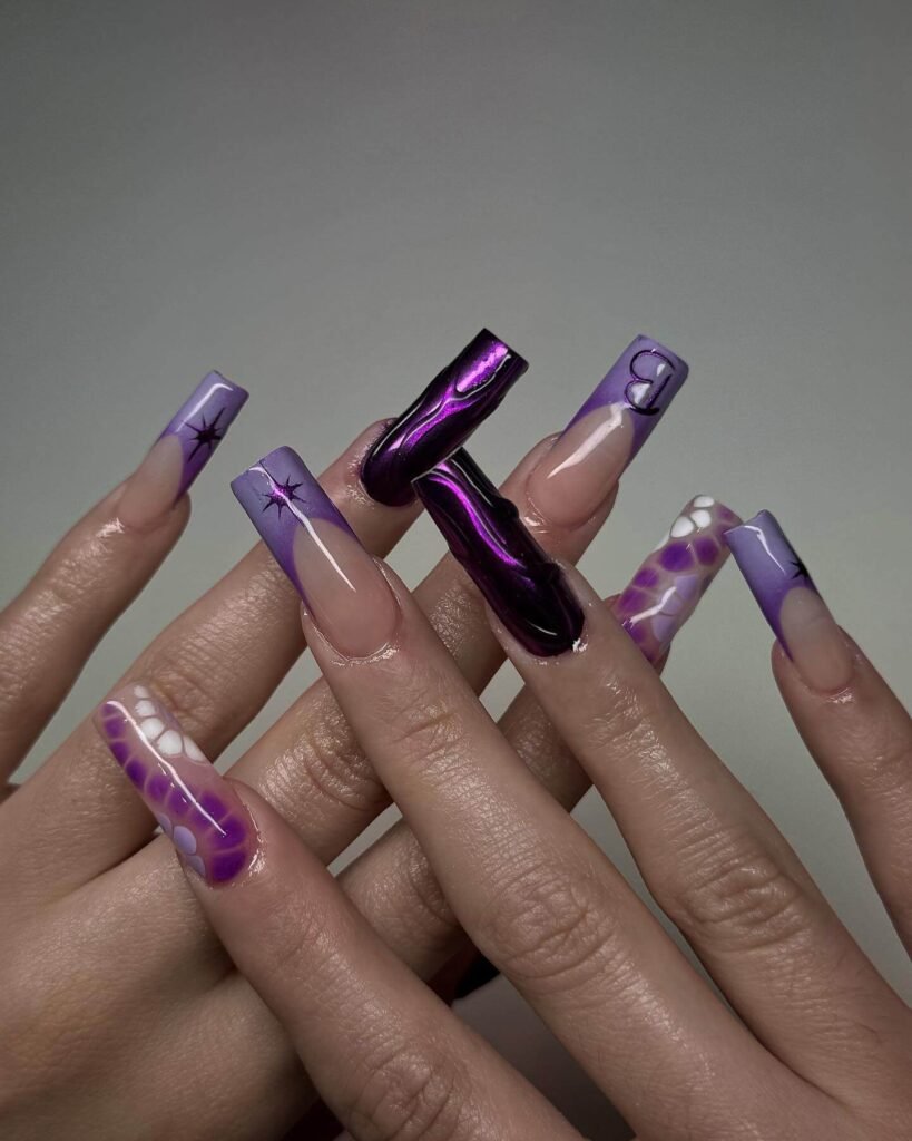 elegant dark purple nails with chrome accents and French tips, perfect for autumn manicure ideas