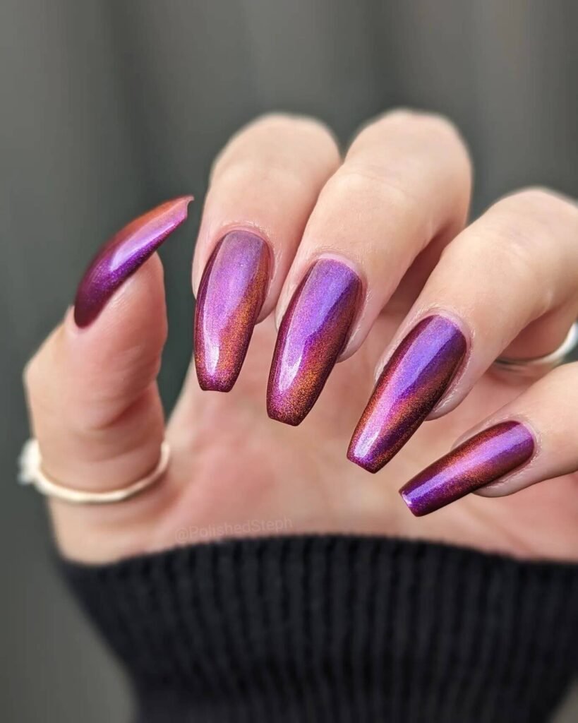 elegant dark purple nails with chrome accents and French tips, perfect for autumn manicure ideas