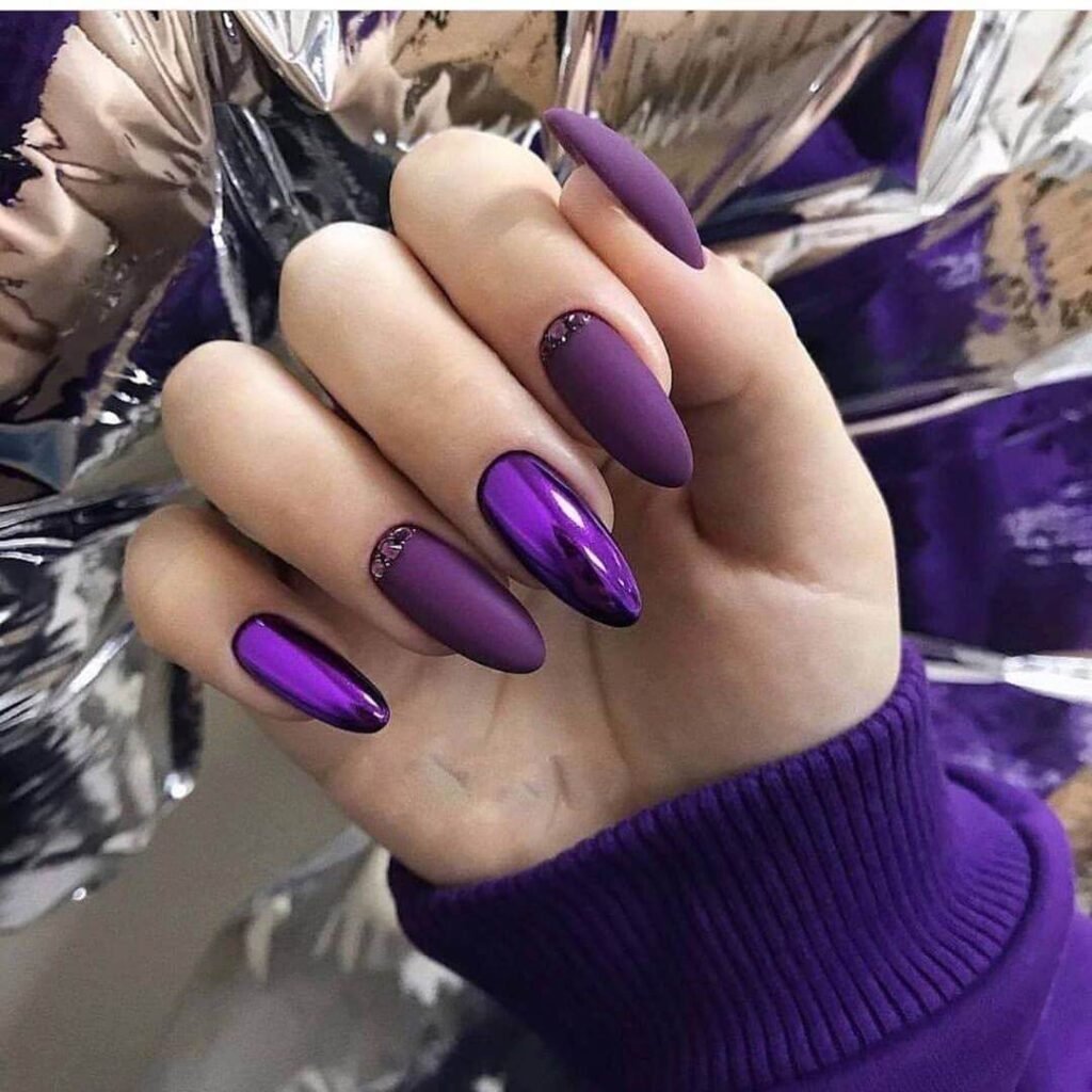 elegant dark purple nails with chrome accents and French tips, perfect for autumn manicure ideas