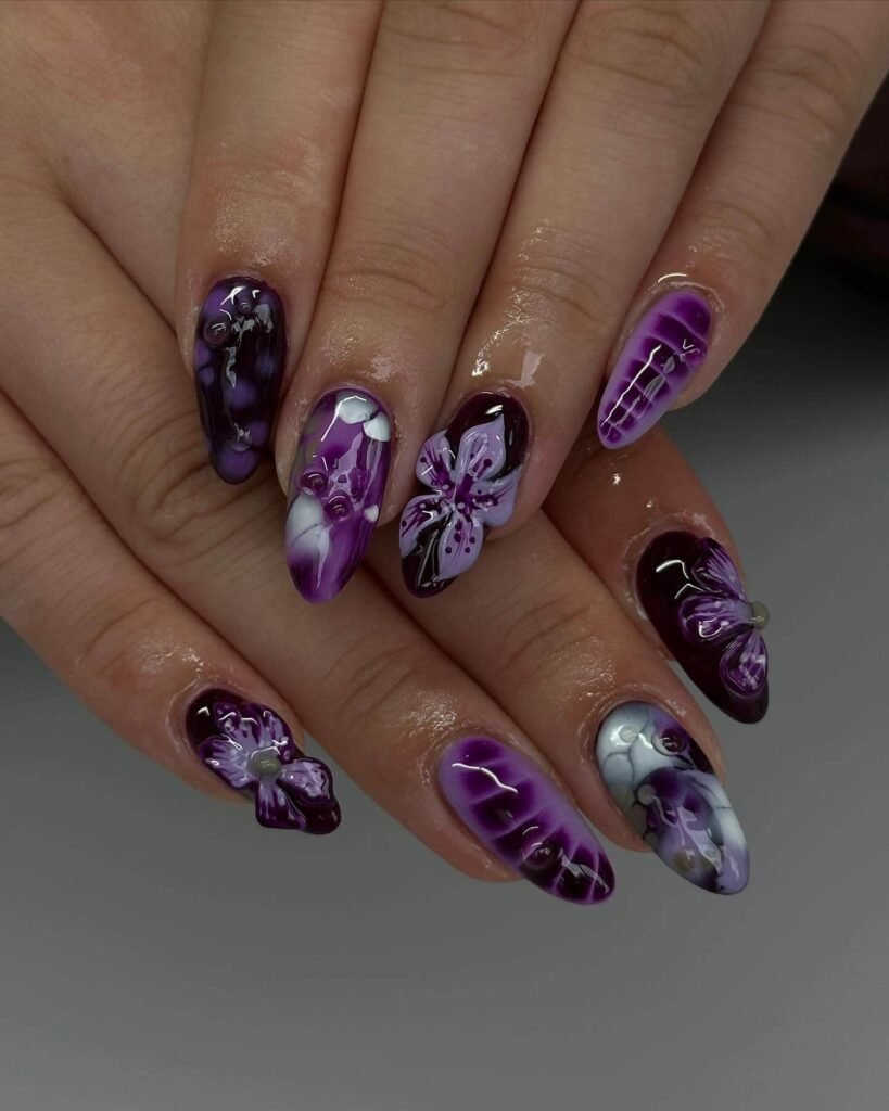 elegant dark purple nails with chrome accents and French tips, perfect for autumn manicure ideas