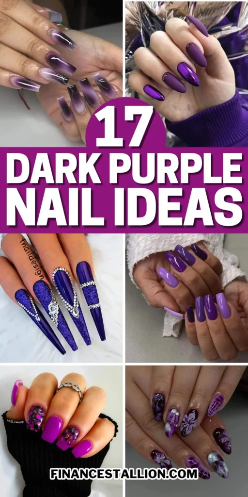 elegant dark purple nails with chrome accents and French tips, perfect for autumn manicure ideas