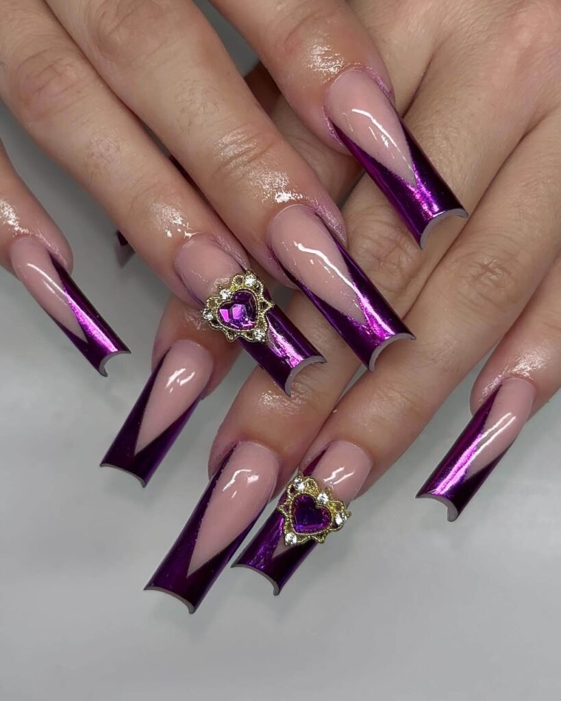 elegant dark purple nails with chrome accents and French tips, perfect for autumn manicure ideas