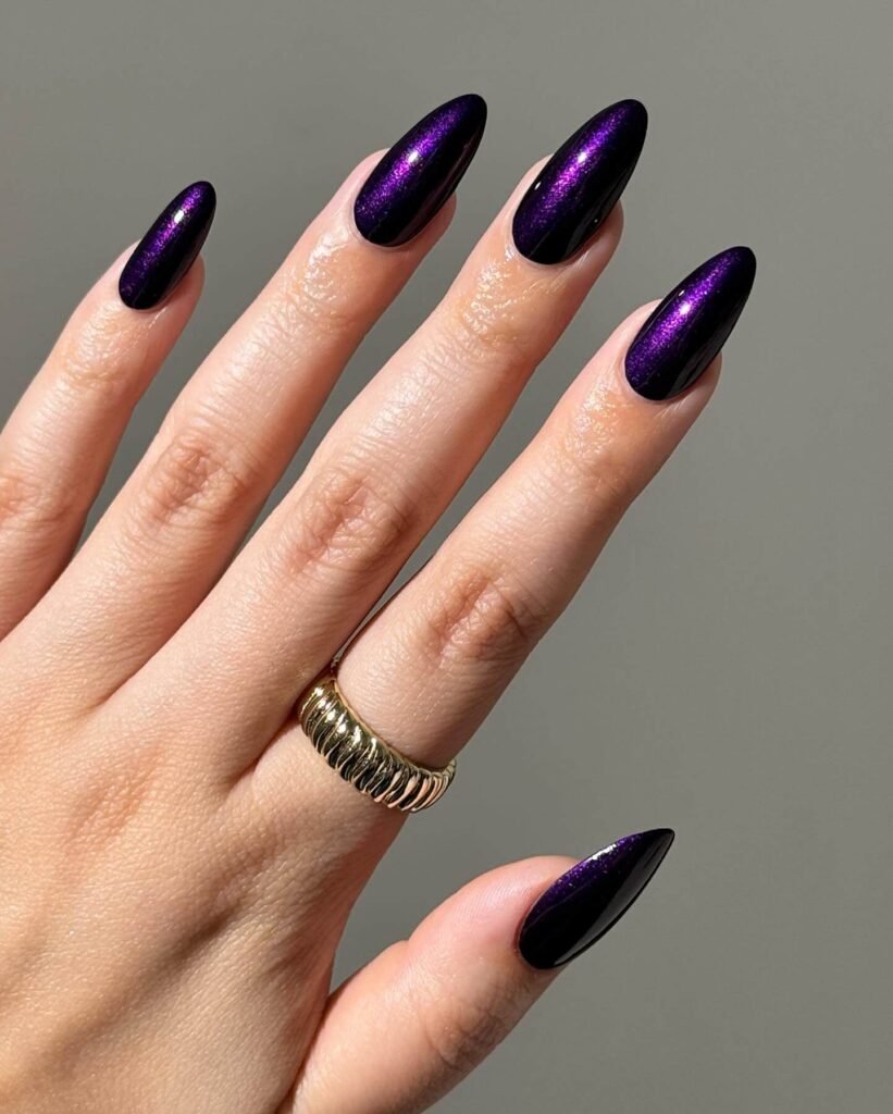 elegant dark purple nails with chrome accents and French tips, perfect for autumn manicure ideas