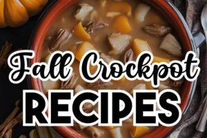 A comforting spread of fall crockpot recipes including hearty beef stew, creamy butternut squash soup, and tender slow-cooked chicken with seasonal vegetables.