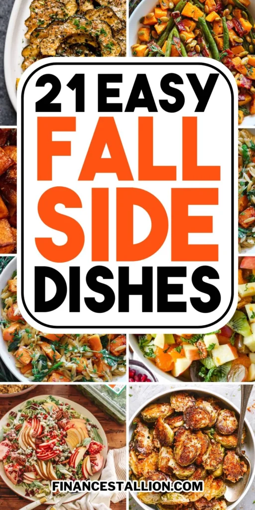 A variety of vibrant fall side dishes including roasted carrots, vegetable gratin, and grilled squash, perfect for autumn meals.