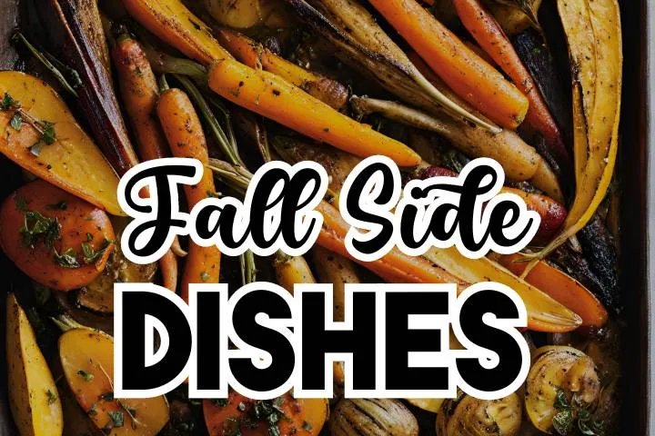 A variety of vibrant fall side dishes including roasted carrots, vegetable gratin, and grilled squash, perfect for autumn meals.