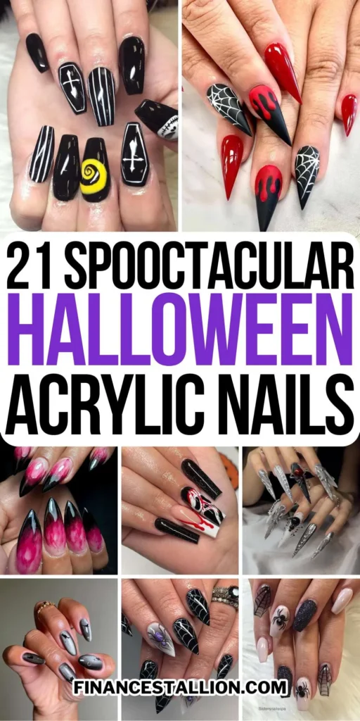 A set of spooky Halloween acrylic nails with designs like bats, ghosts, and pumpkins, ideal for October.