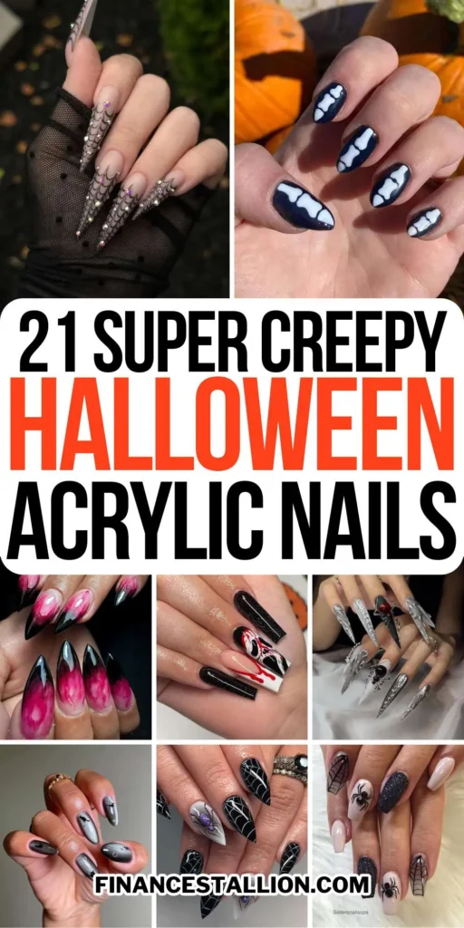 A set of spooky Halloween acrylic nails with designs like bats, ghosts, and pumpkins, ideal for October.