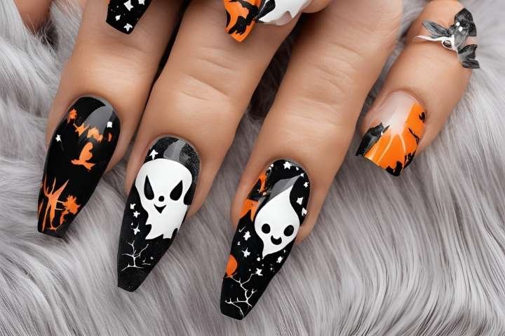 A set of spooky Halloween acrylic nails with designs like bats, ghosts, and pumpkins, ideal for October.